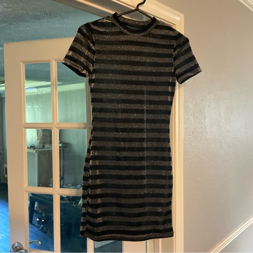 Black and silver sparkle stripes short sleeve dress